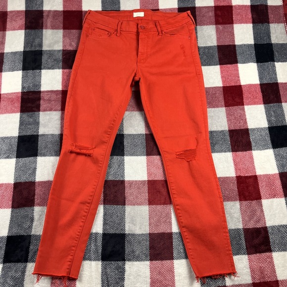 MOTHER Looker Ankle Fray "Blow By Blow" Red Distressed Denim Jeans Size 31 - Picture 1 of 16